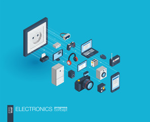 Wall Mural - Electronics integrated 3d web icons. Digital network isometric progress concept. Connected graphic design line growth system. Abstract background for technology, household gadgets. Vector Infograph