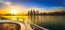 The Beauty Panorama Of Skyscrapers In Dubai From Promenade At Sunrise. UAE