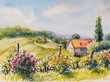 Landscape with sommer vineyards and roses bushes in South Styria, Austria.Picture created with watercolors. 
