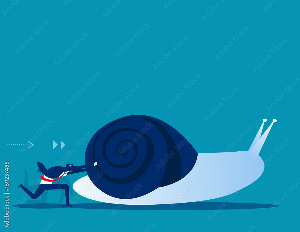 Businessman pushing snail. Concept business vector illustration. - obrazy, fototapety, plakaty 