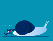 Businessman Pushing Snail. Concept Business Vector Illustration.