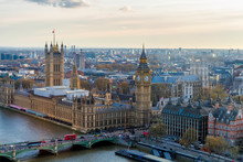 Aerial Panorama View On London. View Towards Houses Of Parliament, London Eye And Westminster Bridge On Thames River.
