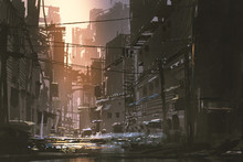 Scenery Of Dirty Street In Abandoned City At Sunset With Digital Art Style, Illustration Painting