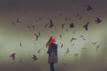 The Woman With Red Hair Standing Among Birds, Digital Art Style, Illustration Painting