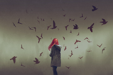 the woman with red hair standing among birds, digital art style, illustration painting