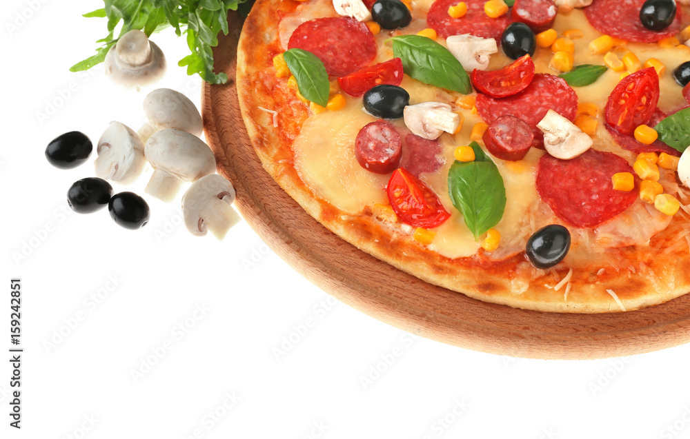 Freshly baked pizza on white background