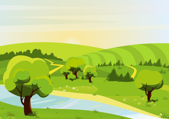 Cartoon flat style vector illustration of landscape with forests, hills, fields, river and trails. Spring or summer view.