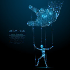 Aufkleber - Polygonal hand and puppet. Vector mesh spheres from flying debris. Thin line business or political concept. Blue structure style illustration