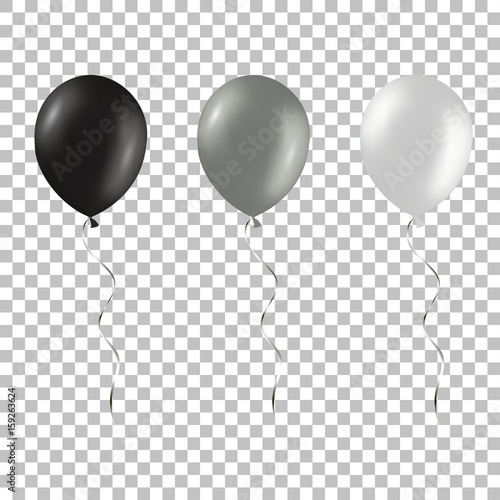 Set Of Black And Silver Helium Balloons Isolated On A Transparent