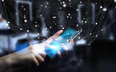 Fototapete - Businessman using flying network connection interface 3D rendering