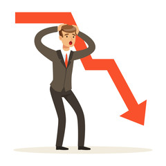 Sticker - Frustrated businessman character and red graph going down, vector Illustration