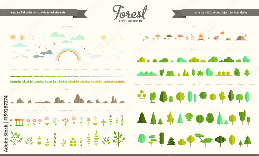 Set of flat vector forest elements - obrazy, fototapety, plakaty 