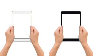 Close-up image of two human hands holding black and white blank screen digital tablet in take a photo gesture isolate on white background with clipping path