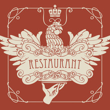 Vector Restaurant Menu With A Picture Of A Hand With A Tray On Which Is A Chicken In An Art Nouveau Style With A Curly Frame.