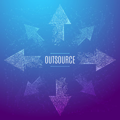 Fototapete - Polygonal outsource concept. White arrows pointing in different directions. Business illustration. Vector mesh spheres from flying debris. Thin line.