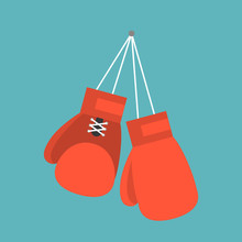 Red Boxing Gloves Hanging On Nail Of Wall, Flat Design Icon