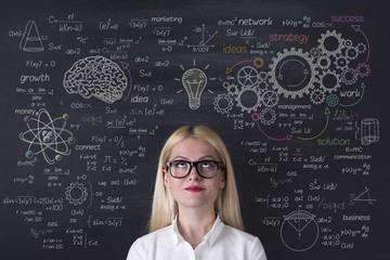 business woman thinking on the blackboard