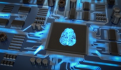 Artificial intelligence electronic circuit. Microchip with glowing brain. 3D rendered illustration.