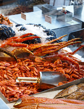 Salmon, Fish, Shrimps, Crabs And Lobsters At A Restaurant On Torggata, Oslo, Norway.