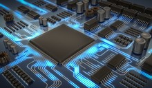 3D Rendered Illustration Of Electronic Circuit With Microchips And Glowing Signals.