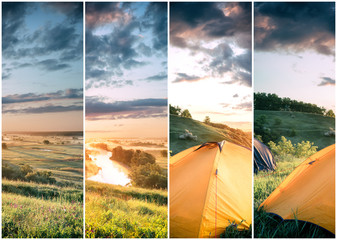 Wall Mural - orange tent on hill above the river