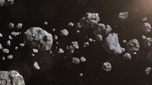 Closeup On Meteor Lumps In Space. Dark Background. Suitable For Any Fantasy, Astronomy Or Space Realted Purposes. 3d Illustration