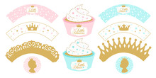 Set Of Cupcake Wrappers  For Party. Little Girl And Boy. Princess And Prince.  Gender Reveal Party. Print And Cut