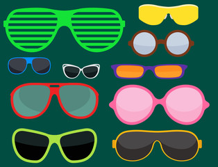 Fashion set sunglasses accessory sun spectacles plastic frame modern eyeglasses vector illustration.