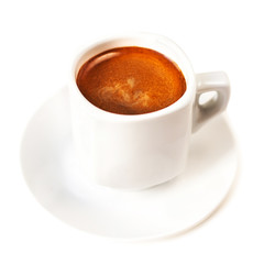 Poster - Coffee cup isolated on white background close up. Americano. Coffee cup of cappuccino with brown foam