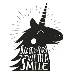 Wall Mural - Vector hand drawn typography poster with smiley Unicorn. Start the day with a smile.