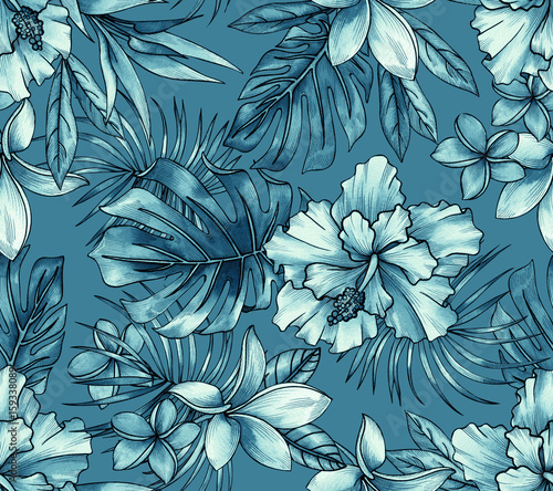 niebieski-tropikalny-kwiatowy-wzor