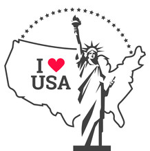 Isolated Contoured Statue Of Liberty With USA Map. I Love USA Text.