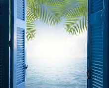 Room With Open Blue Window Shutters To - Palm Tree In Blue Sky With Calm Sea -vacation Concept