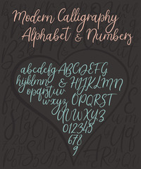 Wall Mural - modern calligraphy alphabet. handwritten brush script with numbers. vector letters
