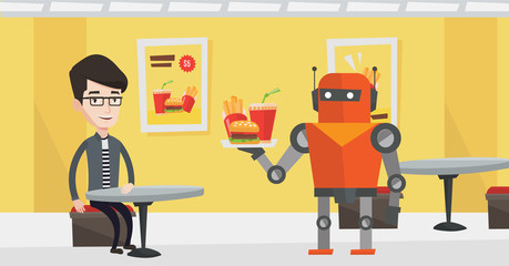 Canvas Print - Robot waiter working in a fast food restaurant. Robot waiter holding tray with fast food. Robot waiter serving a man in a fast food restaurant. Vector flat design illustration. Horizontal layout.