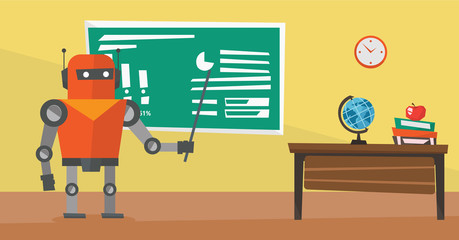 Canvas Print - Robot teacher standing with pointer in classroom.