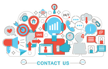 Aufkleber - Modern Flat thin Line design Contact us support concept for web banner website, presentation, flyer and poster.