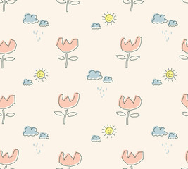 Aufkleber - seamless pattern with sun, clouds and flowers