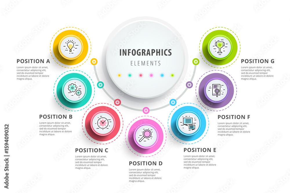 Business 7 step process chart infographics with step circles. Circular corporate graphic elements. Company presentation slide template. Modern vector info graphic layout design. - obrazy, fototapety, plakaty 