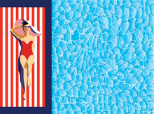     Beautiful Young Woman Tanning In The Pool, With Sunglasses, Hat, Retro Style. Pop Art. Summer Holiday. Vector Eps10 Illustration 