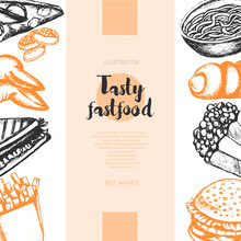 Fast Food - Color Hand Drawn Vintage Banner Template.