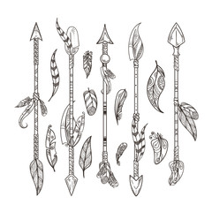 Wall Mural - decorative arrows and feathers set in boho style. native indian vector ornament