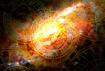 Fototapete - Old clock and zodiac collage. Abstract color background.