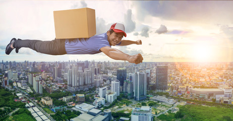 delivery man flying over city scape with container box on back, for logistic and shipping cargo service business