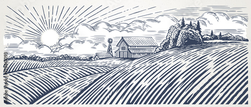 Fotografía Rural landscape with a farm in engraving style