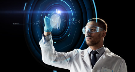 Canvas Print - scientist with test tube and virtual projection