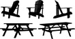 Set of silhouettes of lawn furniture including picnic table, Adirondack chair and Muskoka chairs.