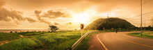 Panorama,Scenic View Of The Asphalt Road Along The Seashore In The Evening, Chanthaburi, Thailand