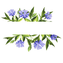 Blue Bell Flower Garland Painted By Watercolor. Wedding Invitation. Greeting Card. Hand Drawn Illustration.