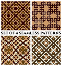 Geometric Seamless Patterns With Celtic Ornament Of Brown, White, Khaki, And Beige Shades